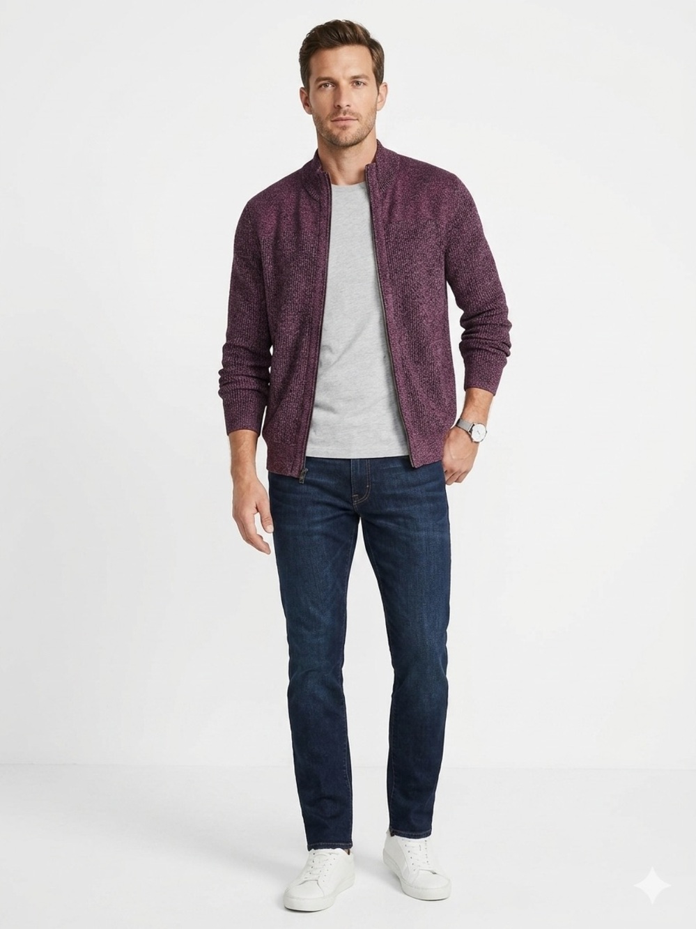 EXPRESS Men’s Full Zip Knit Bomber Jacket Size M Burgundy Black Marl Sweater